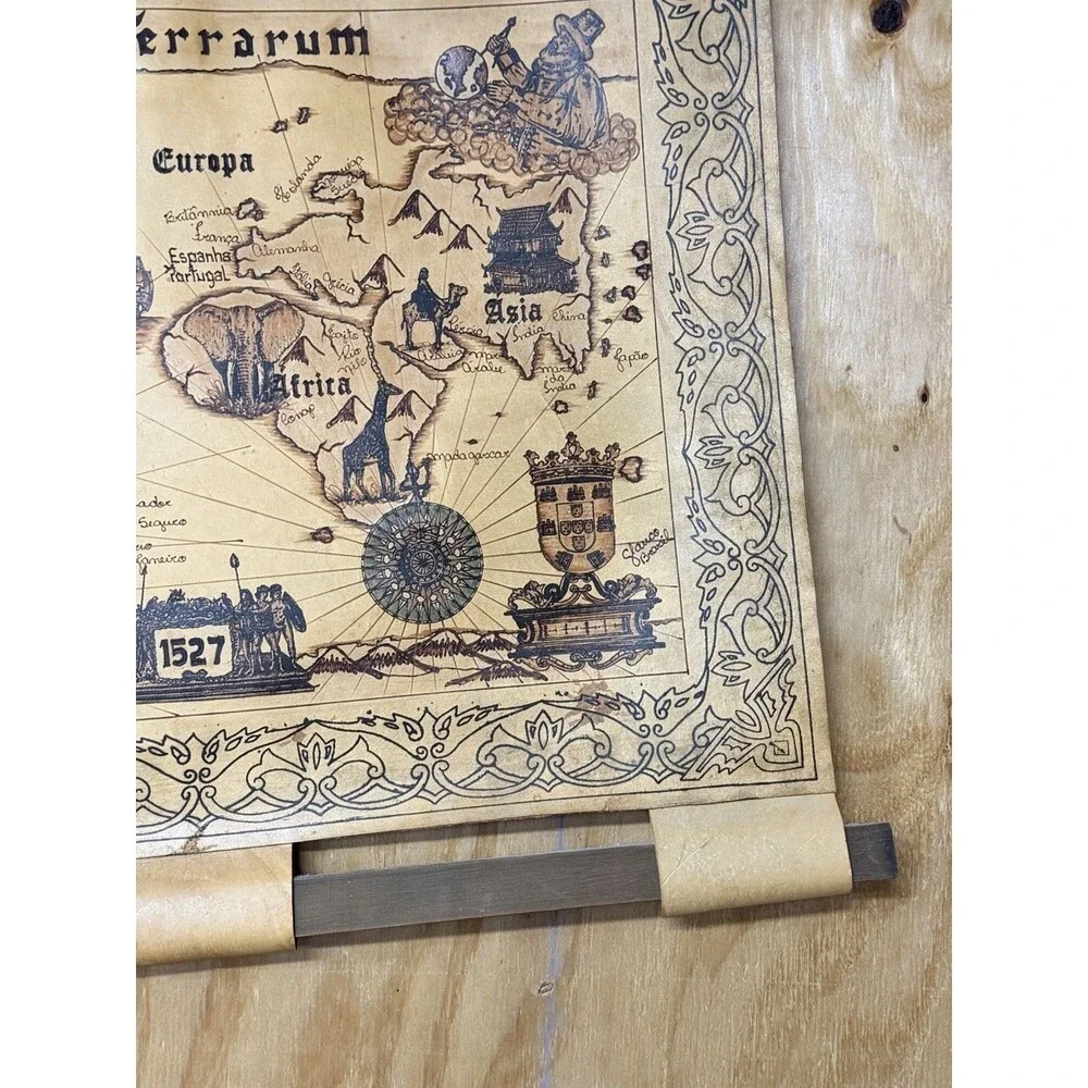 Vintage Leather World Map Wall Hanging decor Orbis Terrarum 1527 Pyrography 29.5